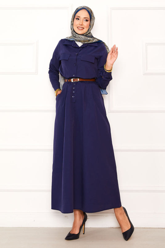 Costume deux pièces à jupe et poches détaillées bleu marine