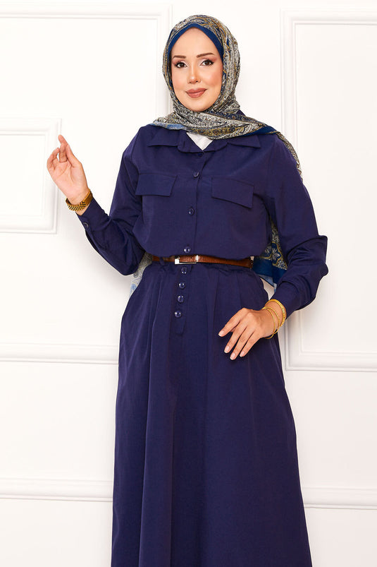 Pocket Detailed Skirted Two Piece Suit Navy Blue