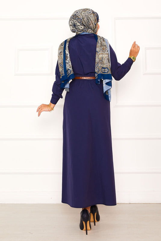 Costume deux pièces à jupe et poches détaillées bleu marine