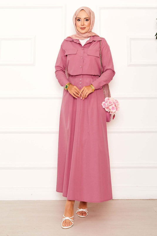 Pink Two Piece Skirted Suit with Pocket Detail