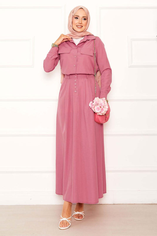 Pink Two Piece Skirted Suit with Pocket Detail