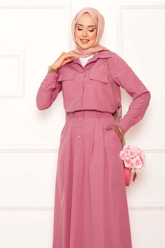 Pink Two Piece Skirted Suit with Pocket Detail