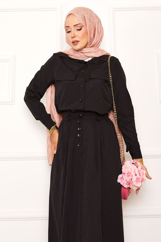 Pocket Detailed Skirted Two Piece Suit Black