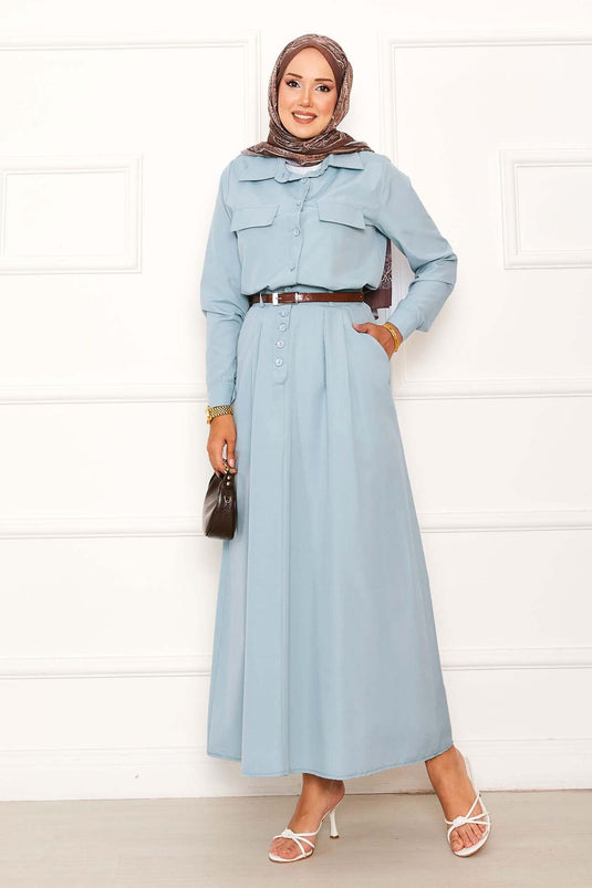 Pocket Detailed Skirted Two Piece Suit, Aqua Green