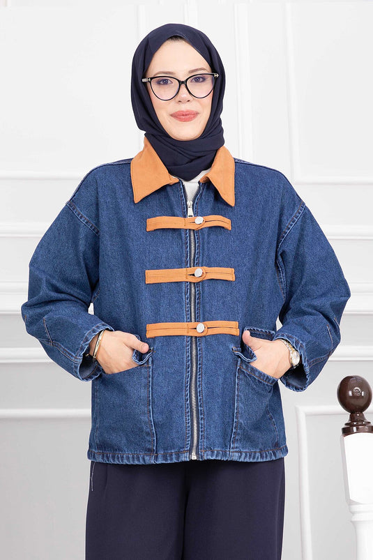Chaqueta Vaquera Camel Con Cremallera Y Bolsillos