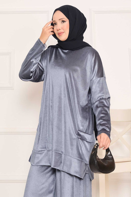 Velvet Two-Piece Suit with Pocket Detail in Gray