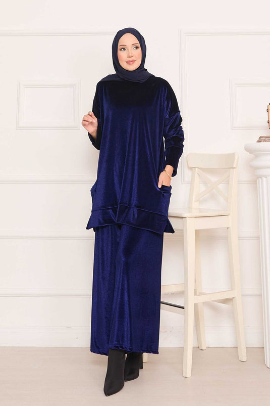 Velvet Two-Piece Suit with Pocket Detail, Navy Blue