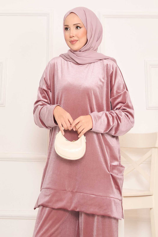 Costume deux pièces en velours avec poches Poudre