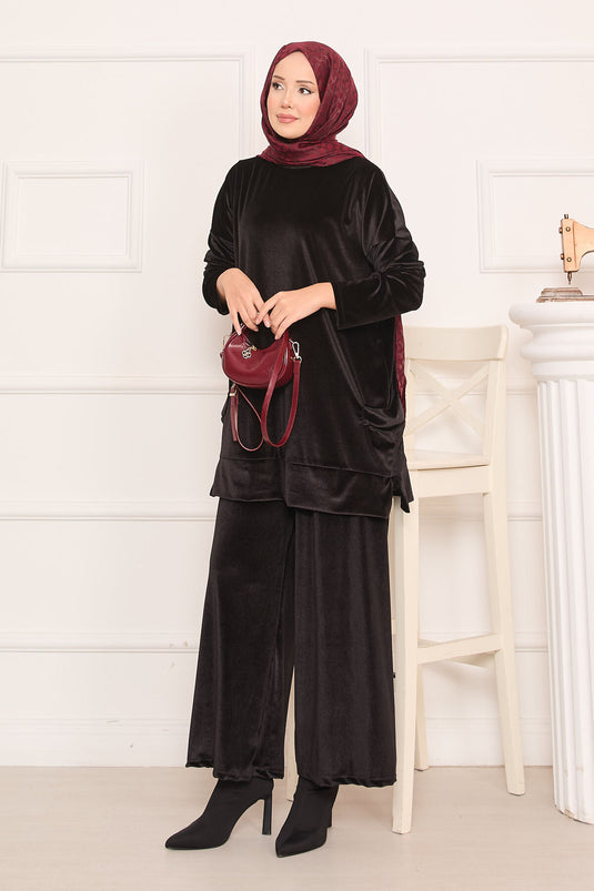 Velvet Two Piece Suit with Pocket Detail, Black