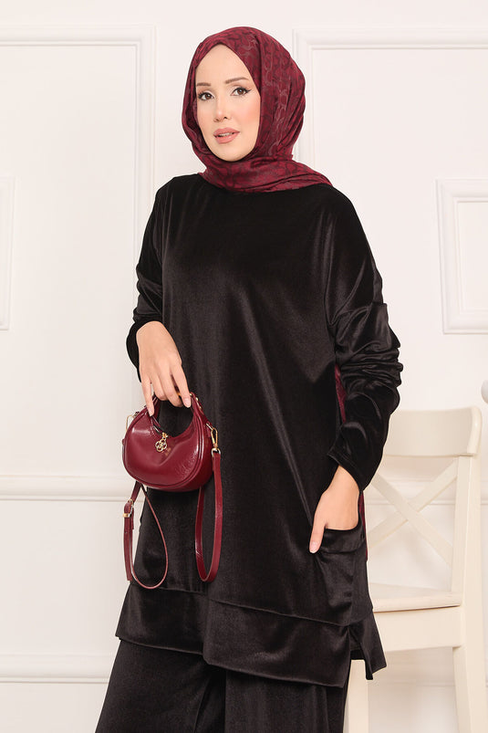 Velvet Two Piece Suit with Pocket Detail, Black