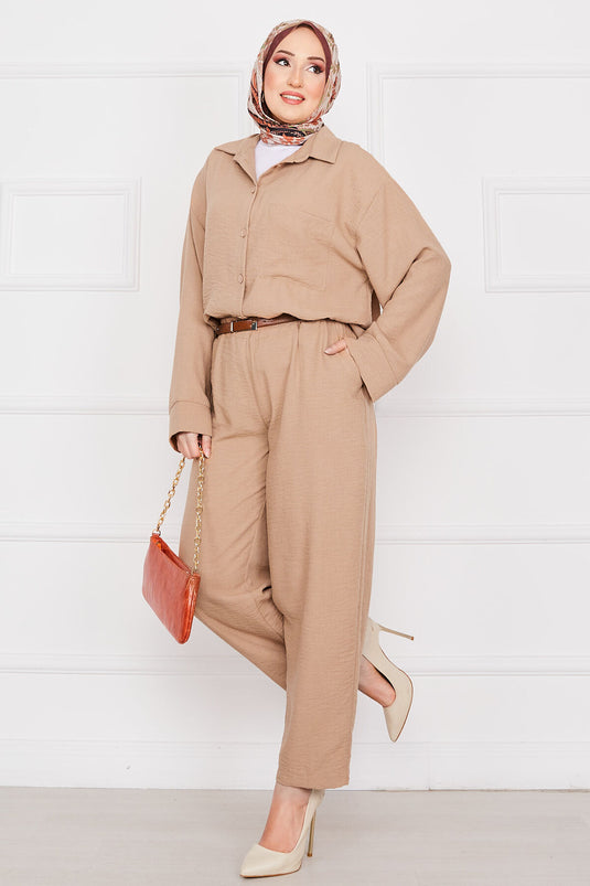 Pocket Detailed Linen Hijab Suit Camel