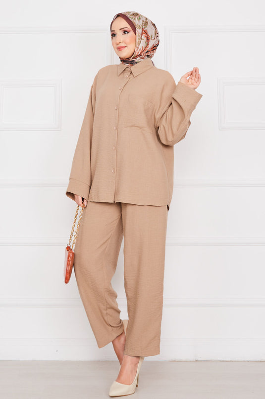 Pocket Detailed Linen Hijab Suit Camel