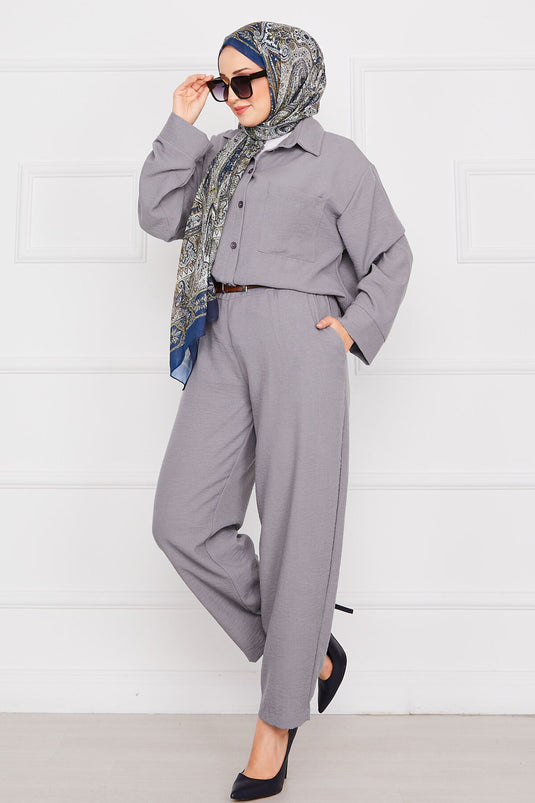 Linen Hijab Suit with Pocket Detail Gray