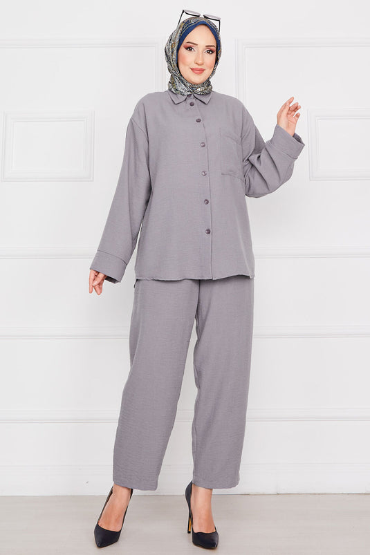 Linen Hijab Suit with Pocket Detail Gray