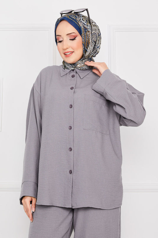 Linen Hijab Suit with Pocket Detail Gray