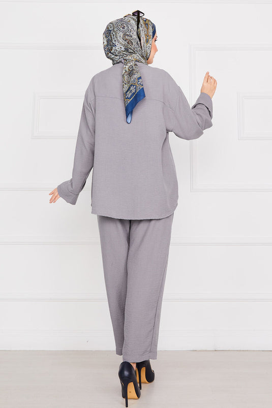 Linen Hijab Suit with Pocket Detail Gray