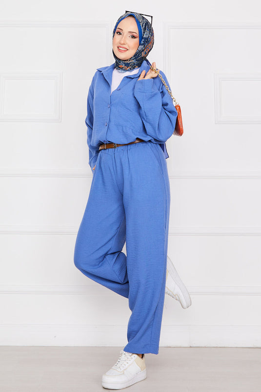 Linen Hijab Suit with Pocket Detail Indigo