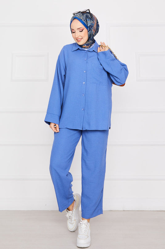 Linen Hijab Suit with Pocket Detail Indigo