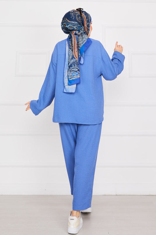 Linen Hijab Suit with Pocket Detail Indigo