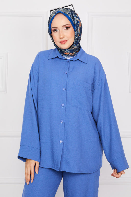 Linen Hijab Suit with Pocket Detail Indigo