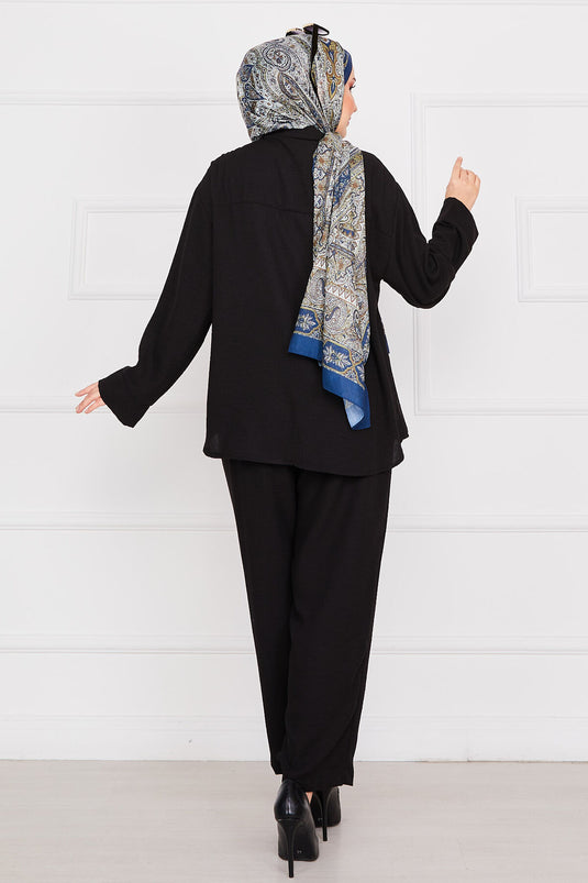 Linen Hijab Suit with Pocket Detail Black