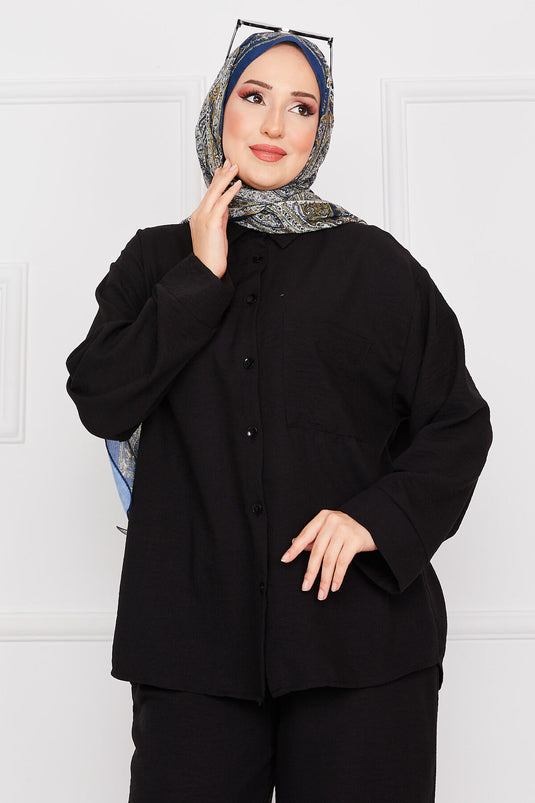 Linen Hijab Suit with Pocket Detail Black