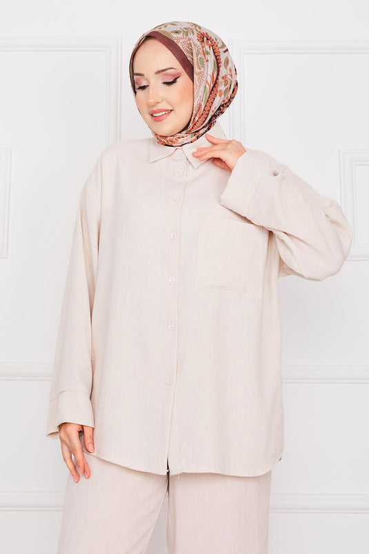 Pocket Detailed Linen Hijab Set Stone