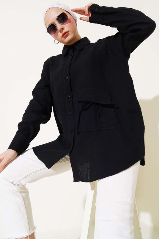 Muslin-shirt met zakdetail, zwart
