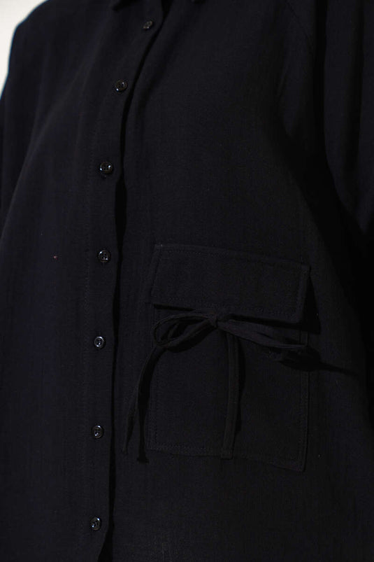 Muslin-shirt met zakdetail, zwart