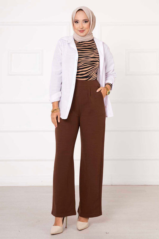 Pantalon Palazzo Plissé Avec Poches Marron