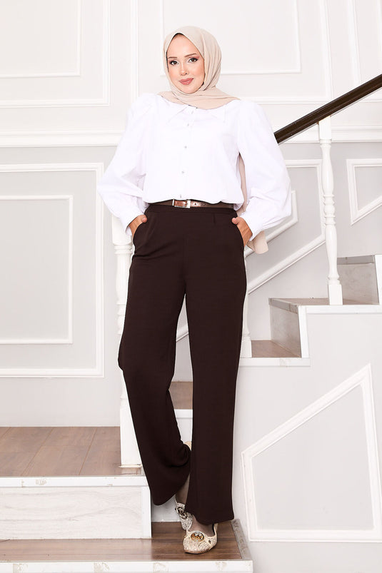 Cep Detaylı Pileli Palazzo Pantolon Kahve