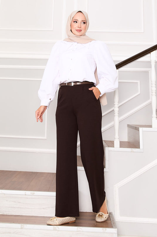 Cep Detaylı Pileli Palazzo Pantolon Kahve