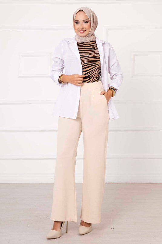 Pantalon Palazzo Plissé Avec Poches Crème