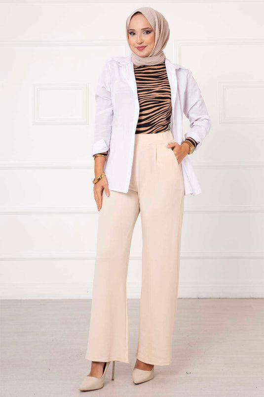 Pantalon Palazzo Plissé Avec Poches Crème