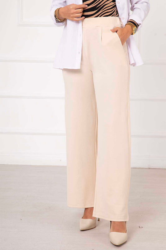 Pantalon Palazzo Plissé Avec Poches Crème