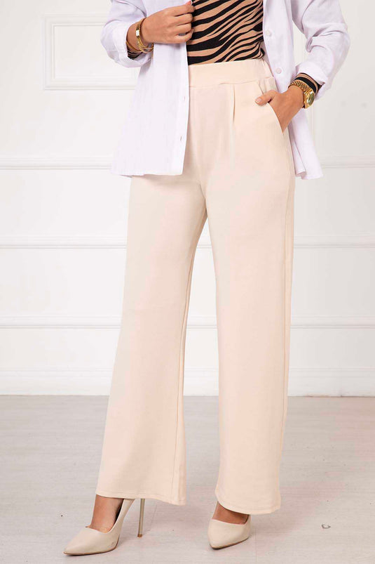 Pantalon Palazzo Plissé Avec Poches Crème