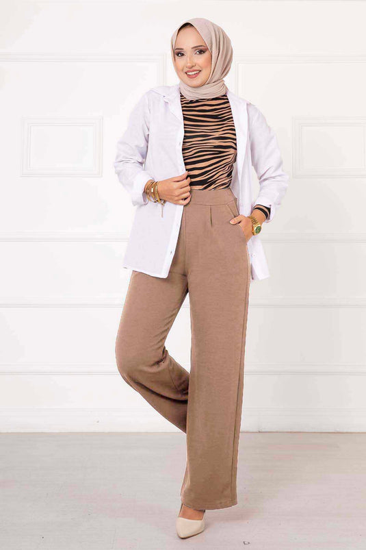 Detailed Pleated Palazzo Pants Beige