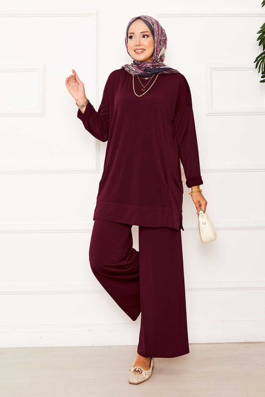 Costume deux pièces Sandy avec poches, rouge bordeaux