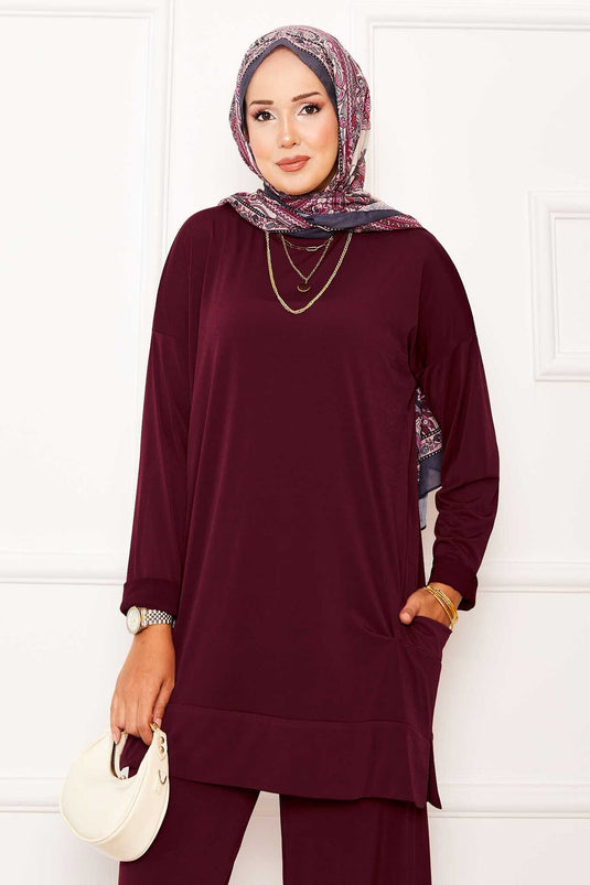 Costume deux pièces Sandy avec poches, rouge bordeaux