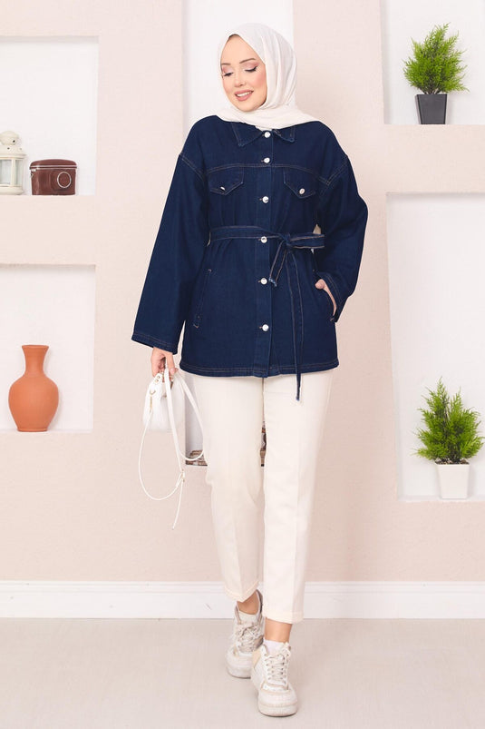 Denim Jacket with Pocket Detail and Removable Belt, Navy Blue