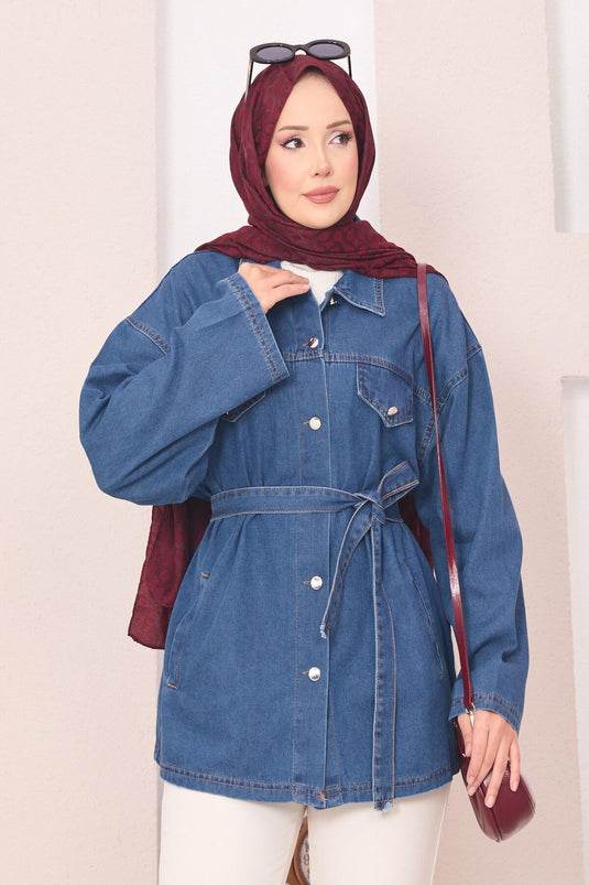 Pocket Detailed Removable Belted Denim Jacket Blue