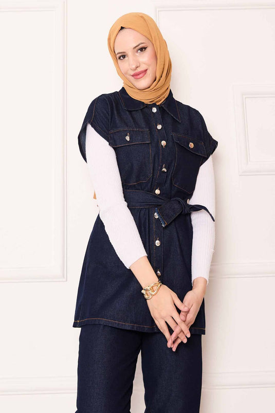 بدلة جينز بجيب وحزام قابل للإزالة، أزرق داكن