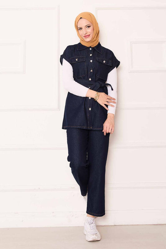 بدلة جينز بجيب وحزام قابل للإزالة، أزرق داكن