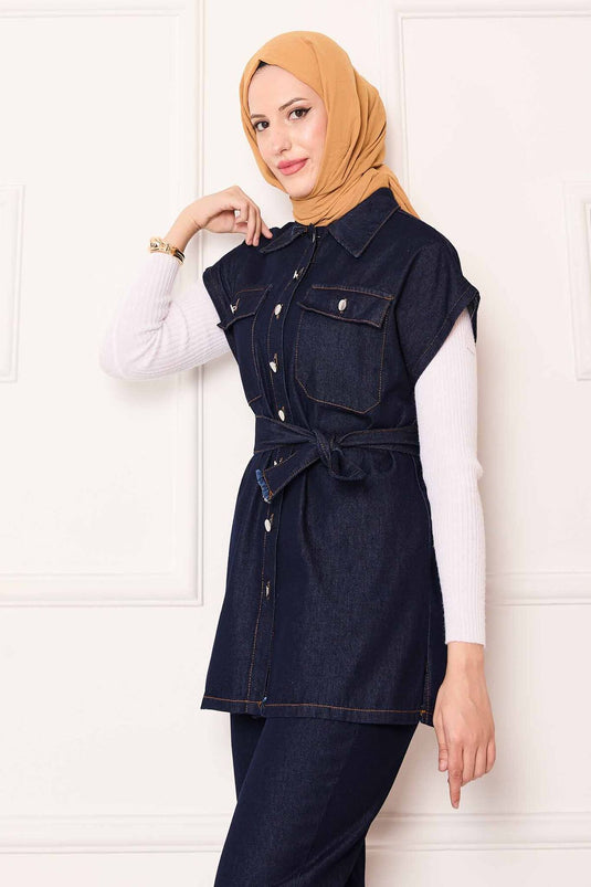 بدلة جينز بجيب وحزام قابل للإزالة، أزرق داكن