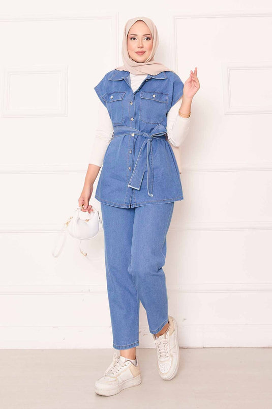 Gilet de costume en jean avec poches et ceinture amovible Bleu