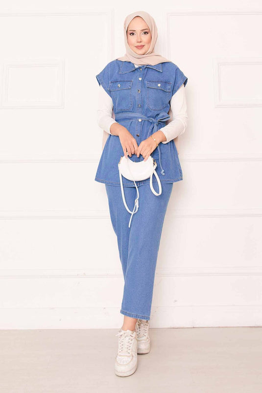 Gilet de costume en jean avec poches et ceinture amovible Bleu