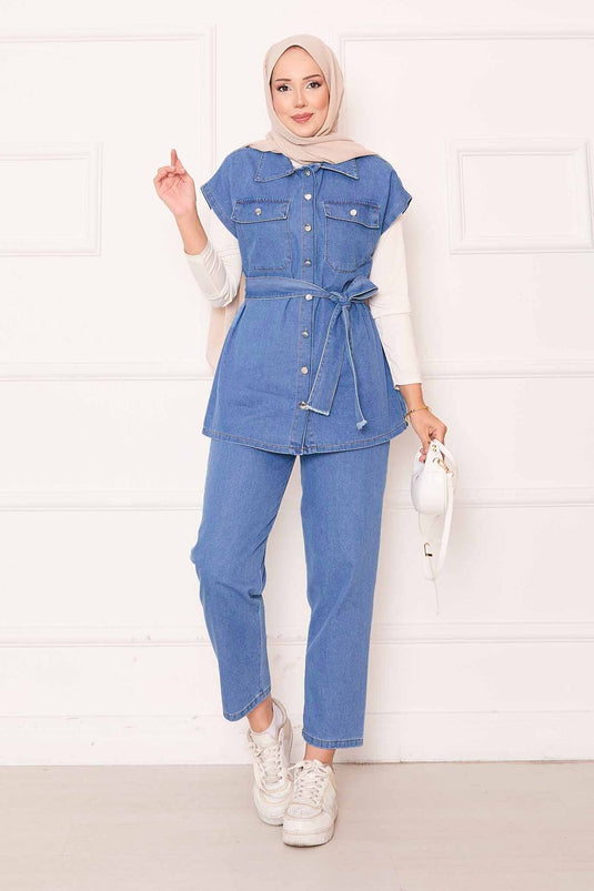 Gilet de costume en jean avec poches et ceinture amovible Bleu