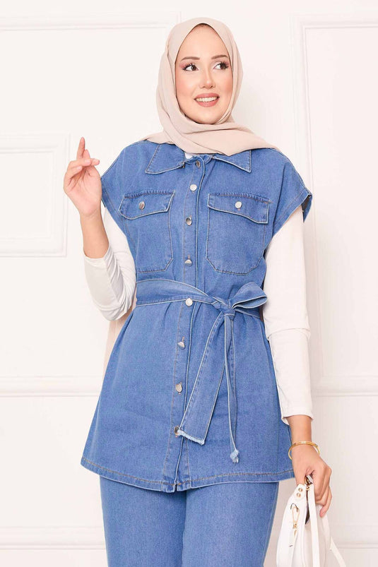 بدلة جينز مع تفاصيل جيب وحزام قابل للإزالة باللون الأزرق