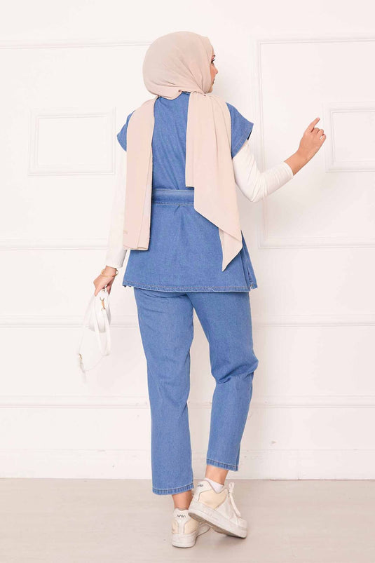 Gilet de costume en jean avec poches et ceinture amovible Bleu