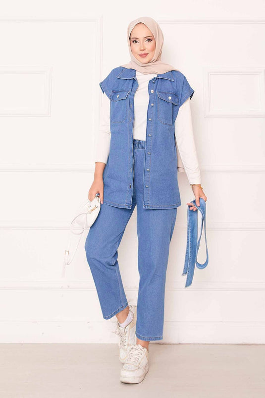 Gilet de costume en jean avec poches et ceinture amovible Bleu